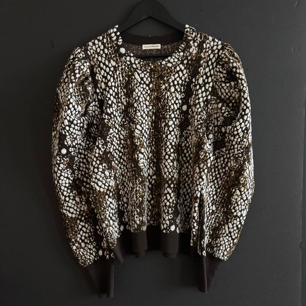 Ulla Johnson Livia Brown Animal Print 100% Wool Cozy Fall Sweater - Size L